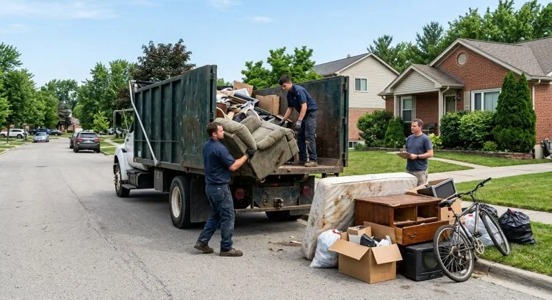Crew loading a couch and household furniture into a junk removal truck parked at the curb
