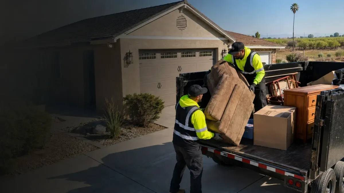Crew loading a couch into a trailer in the driveway of an everyday stucco home in Las Vegas